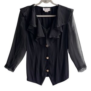 Vintage 80s/90s Black Ruffle Blouse Sheer Dark Romantic Gothic Victorian Size S